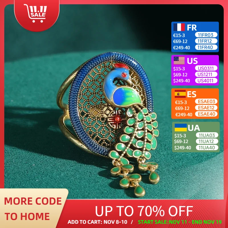 

Vintage Painted Peacock Rings for Women Hollowed Out Screen Antique Jewelry Olive Leaf Tail Animal Classic Elegance Accessories