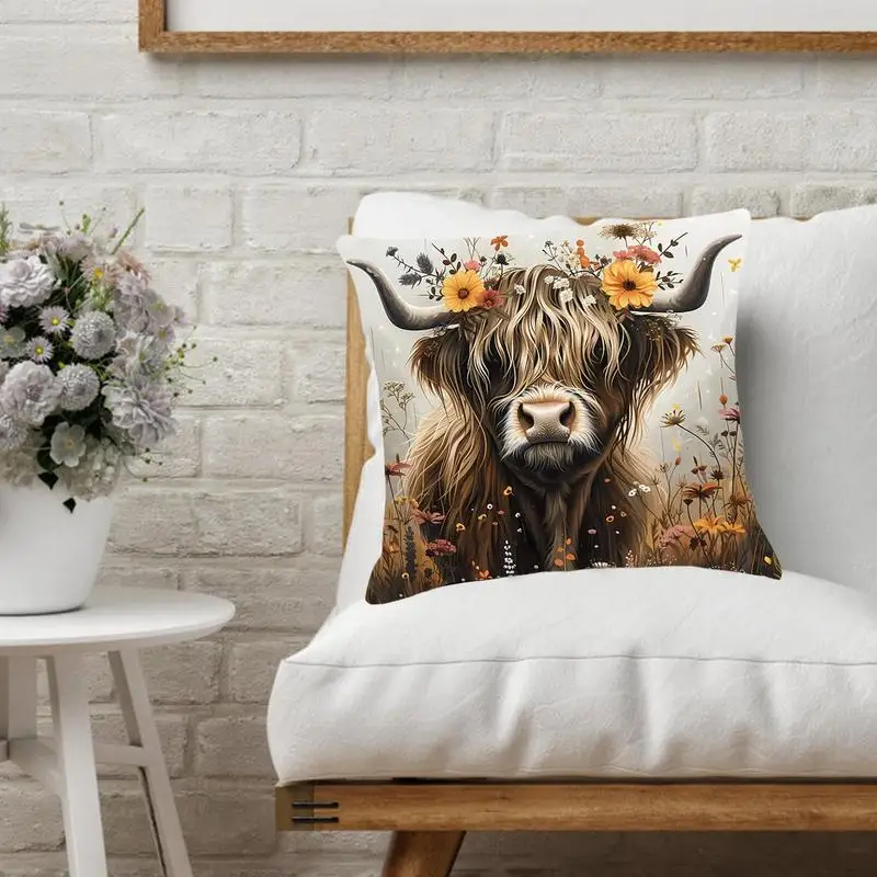 Highland Cow Pillowcase Decorative Animal Print Pillowcase Creative Animal Highland Cow Pattern Pillow Cover For Bed