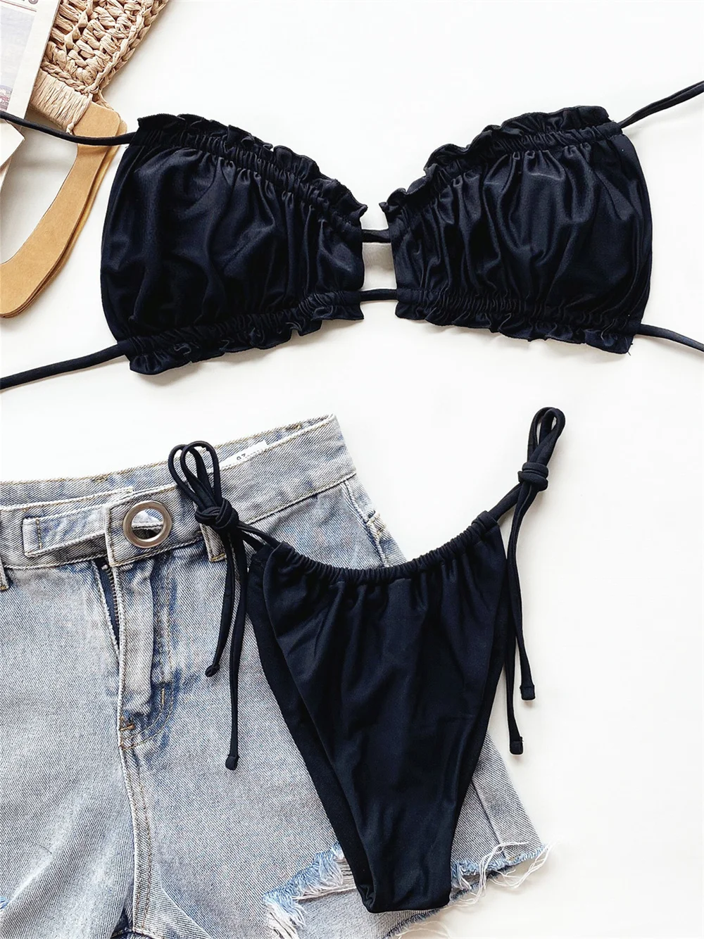 Swimsuit Bikini Ruched - Seksi Siyah İpli Bikini, Büzgülü Pileli