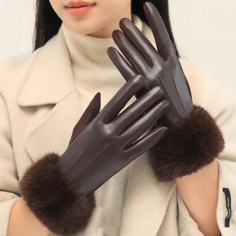 Winter Fashion With Faux Fur Trim PU Leather Women's Gloves for Cold Weather Cuff Thickened Thermal Lining Windproof Warm Gloves