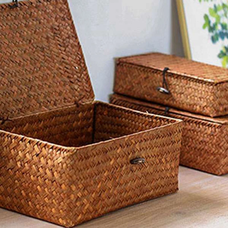 Promotion! Woven Straw Storage Bins With Lid - Set Of 4 - Rectangular Seagrass Basket/Storage Basket For Shelf Organizer