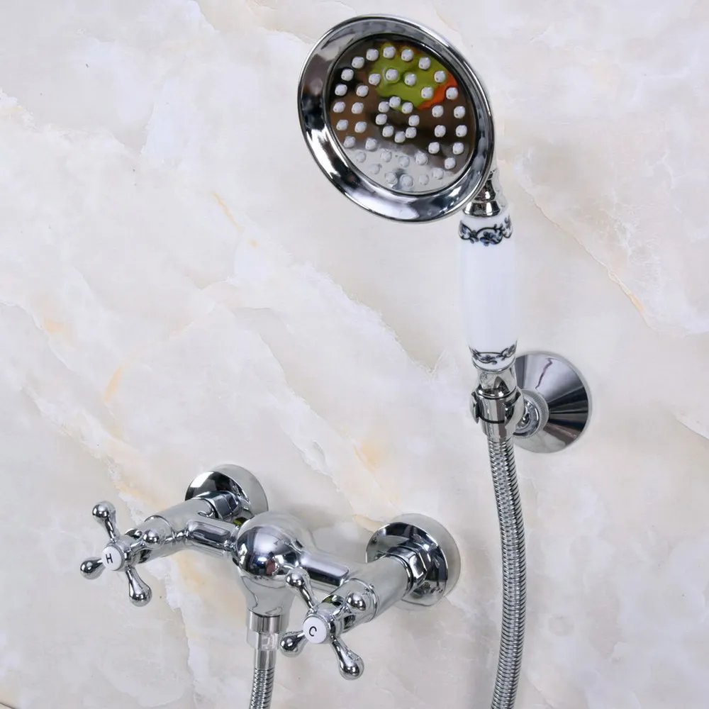 

Polished Chrome Brass Wall Mounted Bathtub Faucet with Handheld Shower Set +150CM Hose Mixer Tap 2na277