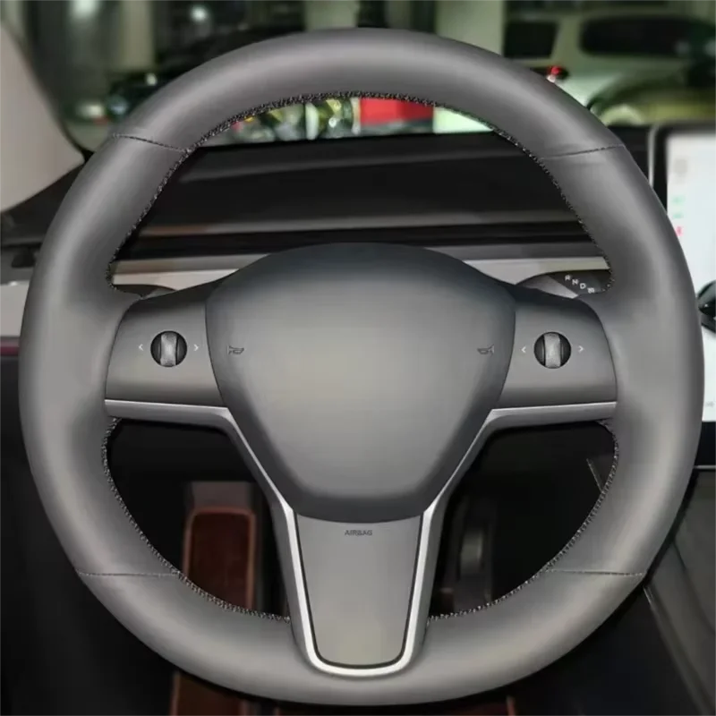 For Tesla Model 3 2017-2021 auto parts DIY hand sewn black wear-resistant leather car steering wheel cover without holes