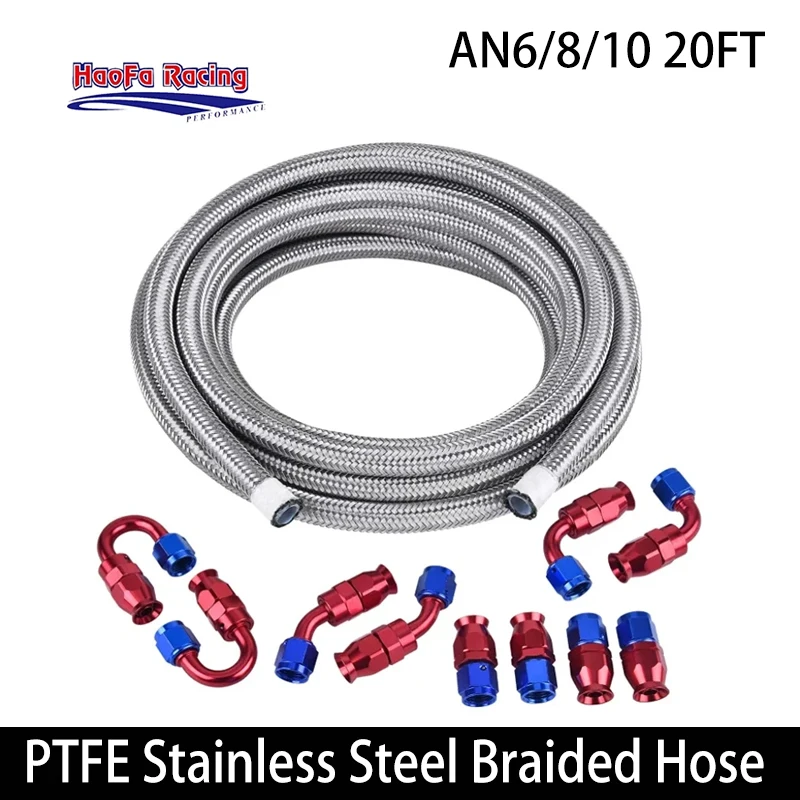 

20FT Universal Stainless Steel Braided Fuel Hose Oil Cooling Tube 10AN 8AN 6AN Fuel Line Kit Swivel Hose End Adapter