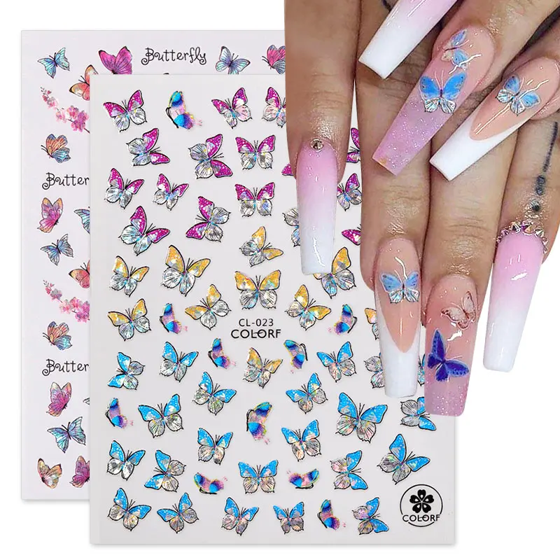 Pink Holographics Laser Bronzing 3D Butterfly Nail Art Stickers Adhesive Sliders DIY Nail Transfer Decals Foils Wraps Decoration