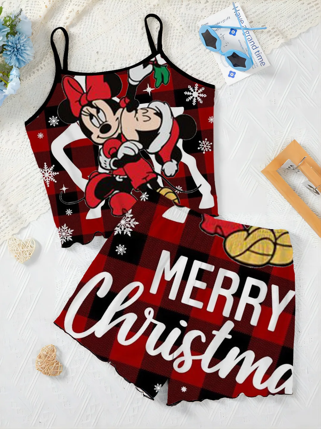 Elegant Women's Sets Home Dress Pajama Skirt Mickey Christmas Top Disney Lettuce Trim T-shirt Minnie Mouse Pieces Short Suit Top