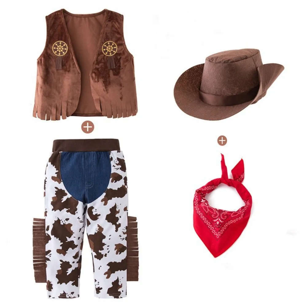Kids Western Cowboy Costume Halloween Role Play Outfit Boys Hat Vest Bandana Cow Print Pants with Fringe Party Dress Up 2-16Y