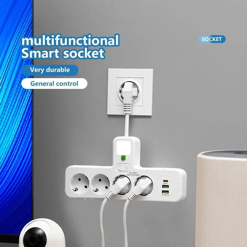 مفتاح التحكم الرئيسي لمقبس الطاقة المثبت على الحائط، 4 مقابس و3 منافذ طاقة، 2 USB و1 Type-C، سلك قصير مرن، مناسب لـ #5