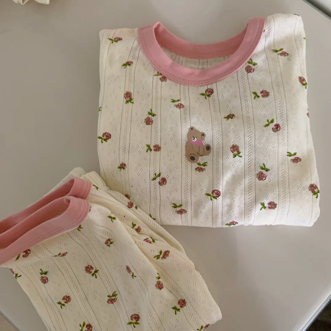 2023 children's summer short-sleeved thin-style breathing home pajama set baby air-conditioned clothing