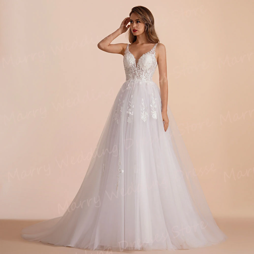 

Boho Charming Women's Wedding Dresses Graceful Lace Appliques Bride Gowns Sexy Spaghetti Straps Sleeveless Vestidos Novias Boda