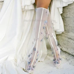 Butterfly Lace Knee High Women Boots Fashion Design Heels Party Long Shoes Lady White Wedding Heels 2023 New Zapatos Para Mujere