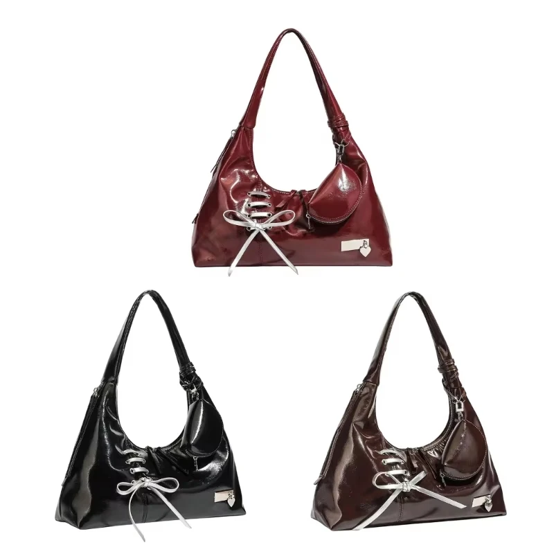 Y2K Retro Sweet Cool Shoulder Bag Underarm Bag Ballet Style Bow Knot Ribbon Decor Cute Large Capacity Handbag Vintage Streetwear