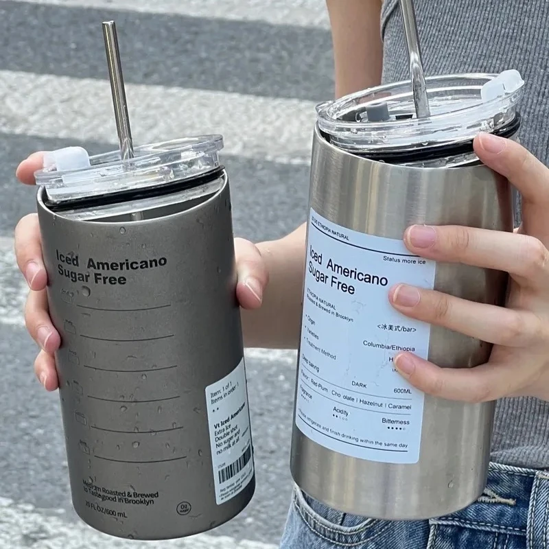 

Stainless Steel Water Bottle Coffee Mug Thermal Cooler Straw Cup Portable Ins Ice American Coffee Cup Thermal Water Bottle
