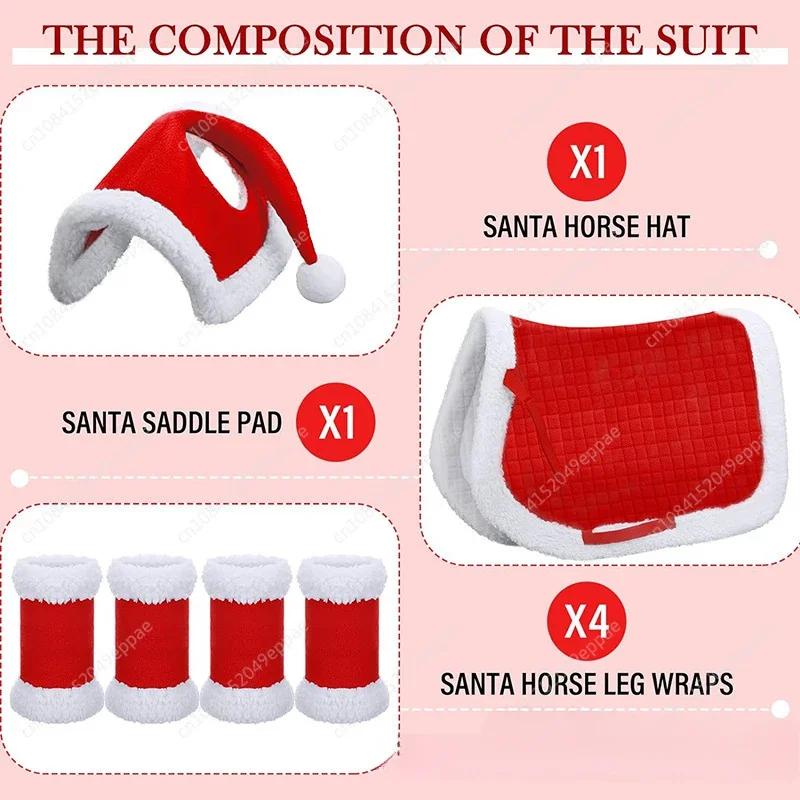 6 Pcs Christmas Santa Leg Wraps Horse Hat Saddle Pad Santa Red Horse Hat & Leg Wraps & Horse Saddle for Christmas Horses Decor