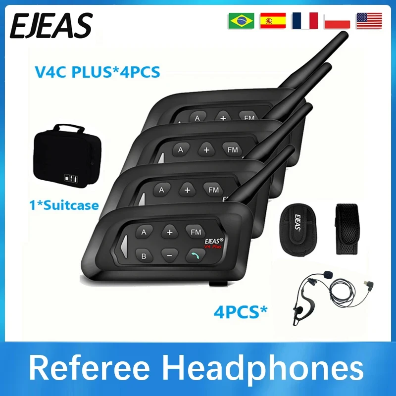 

EJEAS V4C PLUS 4PCS Football Referee Intercom Headset 1500M Full Duplex Bluetooth Headphone Conference Interphone + Handbag