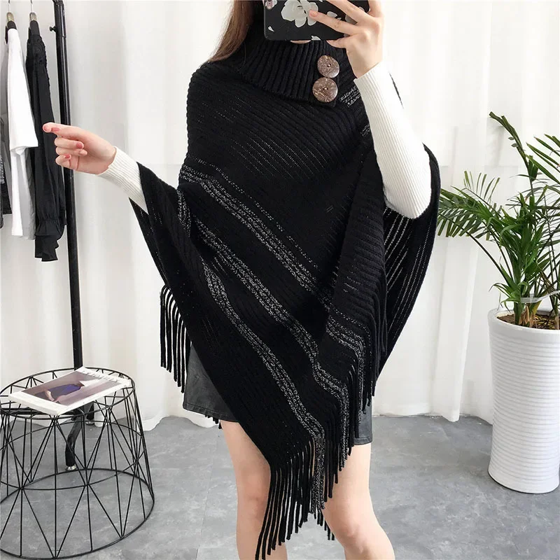 Spring Autumn Nordic Design Button High Lapel Cape Bright Silk Sweater Loose Pullover Sleeveless Lady Outside Coffee