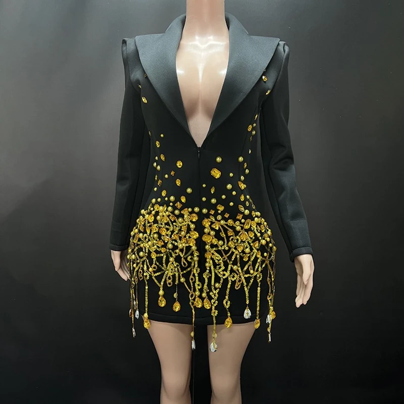 

Gogo Dancer Clothes V-Neck Black Suit Dress With Rhinestone Singer Stage Costume Party Show Outfit Women Performance Clothes2376