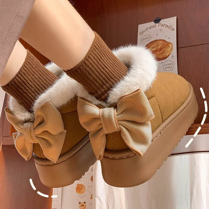 女性の冬の厚底暖かい綿のスリッパフリース裏地スノーブーツかわいいバタフライノット屋内屋外着用
