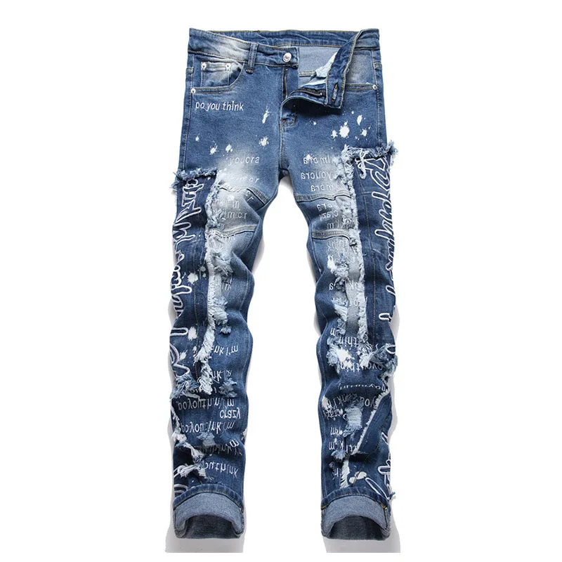 

Mcikkny Men Hip Hop Washed Jeans Pants Letter Embroidery Streetwear Denim Trousers Patchwork