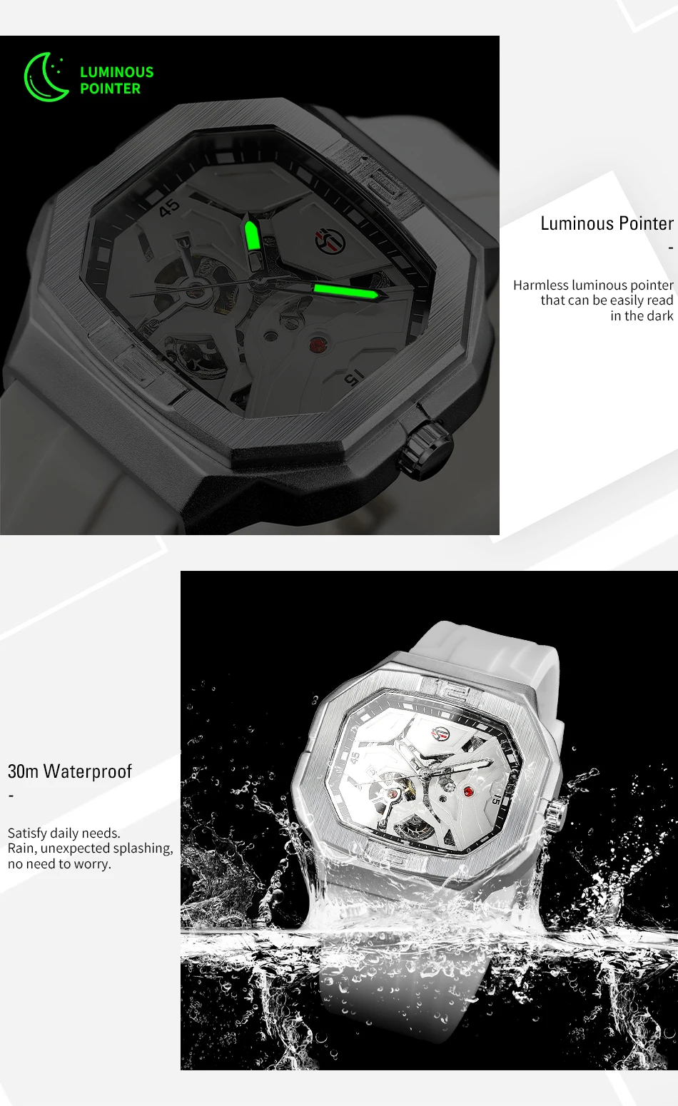 2024 FORSINING Square Skeleton Mechanical Genuine Men Watch Automatic Movement Clock White Sports Waterproof Luxury Male Watches