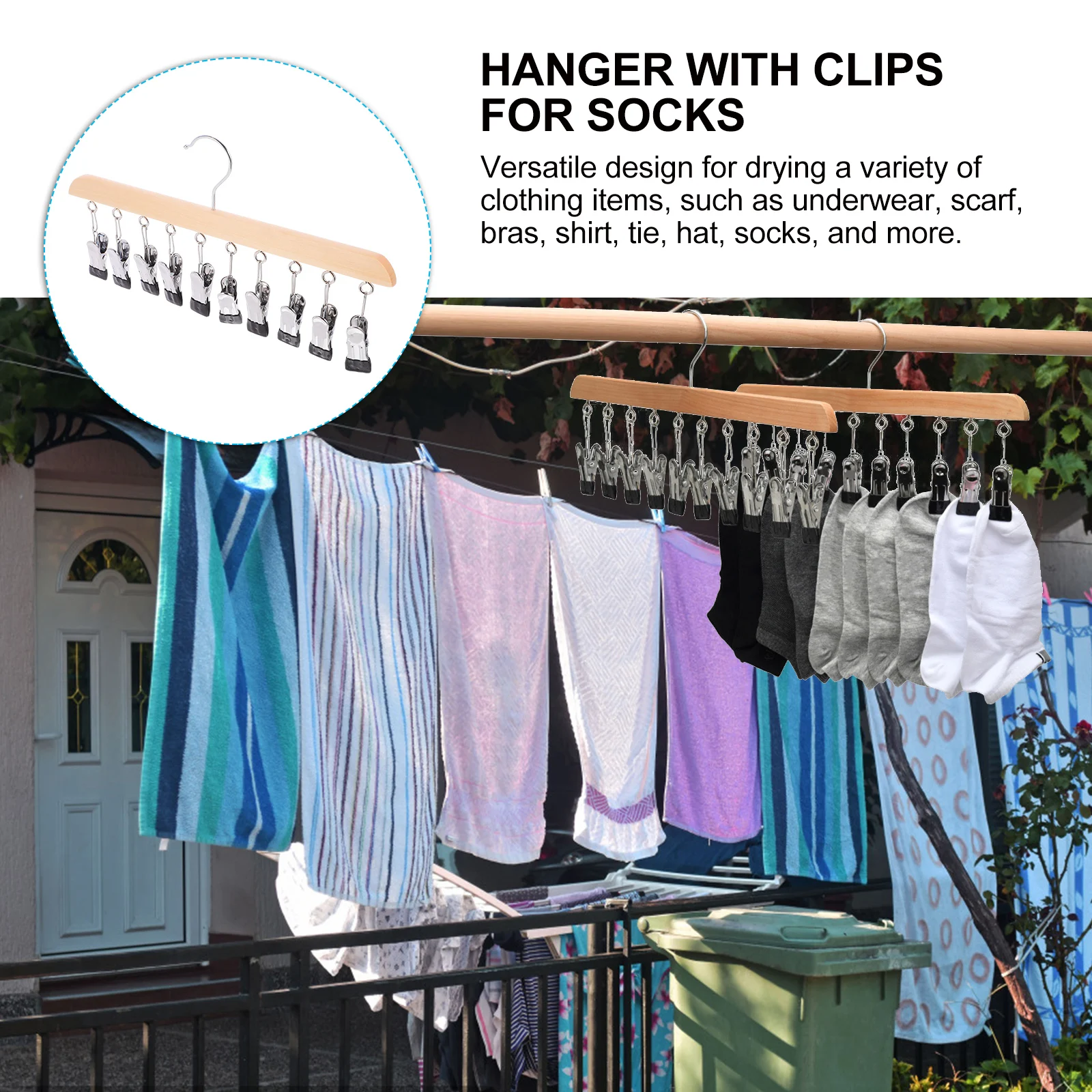 

Solid Wood Sock Drying Rack Stainless Steel Clothes Hanger With Clips Laundry Organizer For Underwear Scarf Hat Bedroom