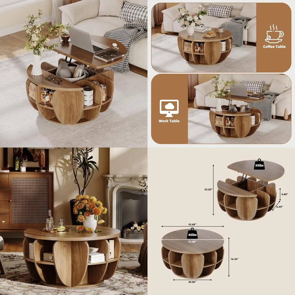 

Круглый деревянный журнальный столик с подъемным верхом и полками, современный стиль середины века