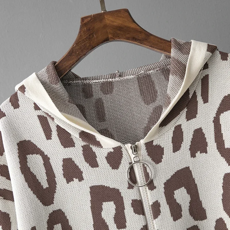 Autumn Oversized Women Cardigan hooded Sweater Tracksuits Leopard Knitted Jumper Suits Harem Pants 2 Pieces Winter Sets Z273
