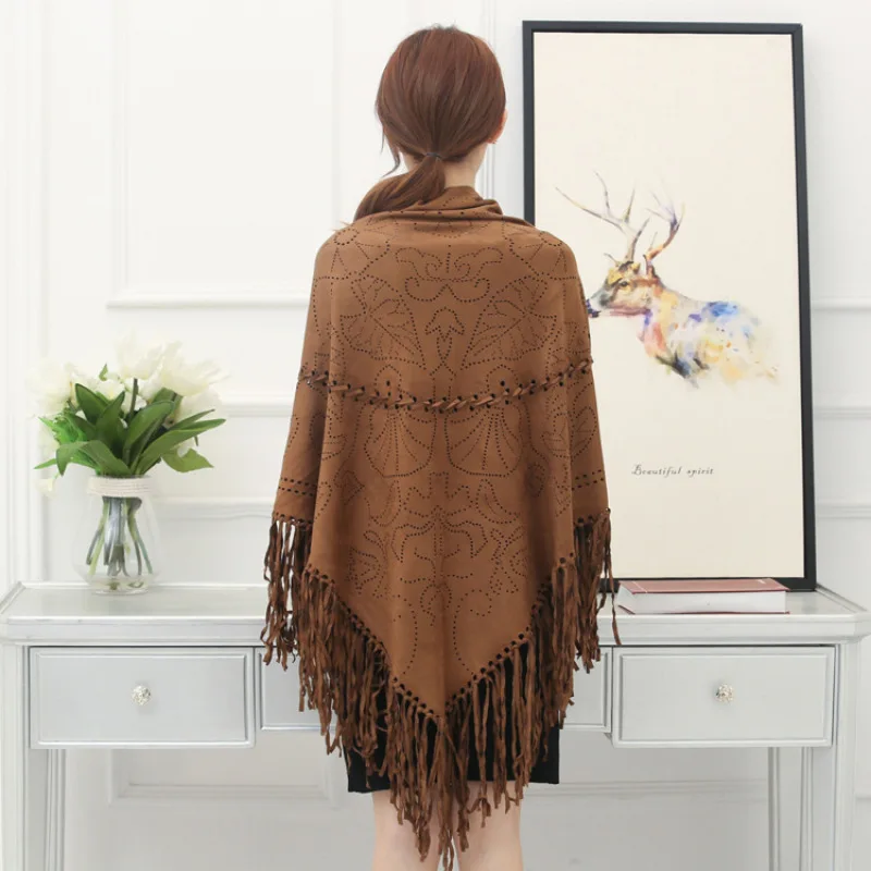 Fashion Womens Suede String Hollowed Out Solid Color Tassel Shawl