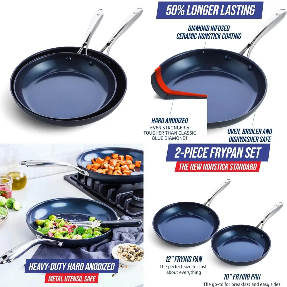 

Grey 10" and 12" Hard Anodized Ceramic Nonstick Frying Pan and Skillet Set, PFAS-Free, Dishwasher and Oven Safe