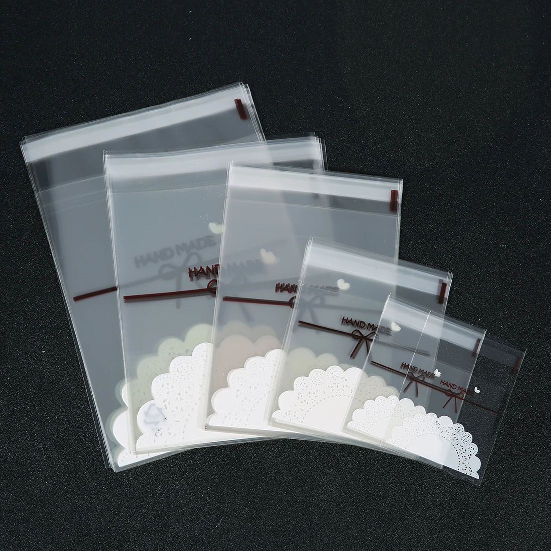 100pcs Pink Bow Design Self Adhesive Plastic Transparent Cellophane Bag Sachet For Jewelry Packaging Gift Wedding Party Decora