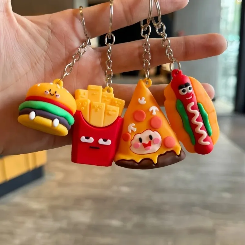 Simulated Food Figurine Keychain Burger Fries Hot Dog PVC Pendant Car Bag Decoration Keychain Wholesale for Woman Man