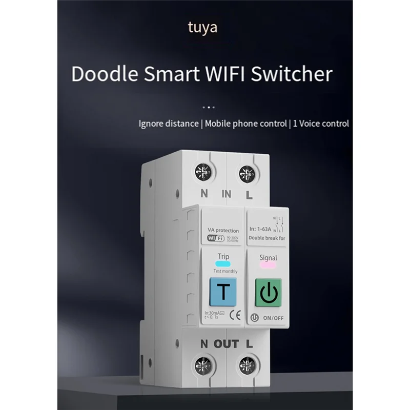 FFYY-Suara Remote Control 2P TUYA Wifi Pemutus Sirkuit Pintar Pengatur Waktu Waktu Nyata Meteran Energi Sakelar Pelindung Arus Tegangan