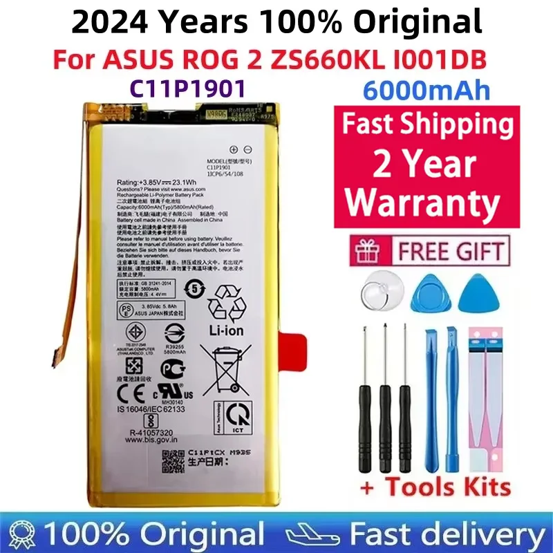 

100% Original High Capacity 6000mAh C11P1901 ZS660KL I001DB Phone Battery For ASUS ROG 2 Game Phone Batteries Bateria +Tools