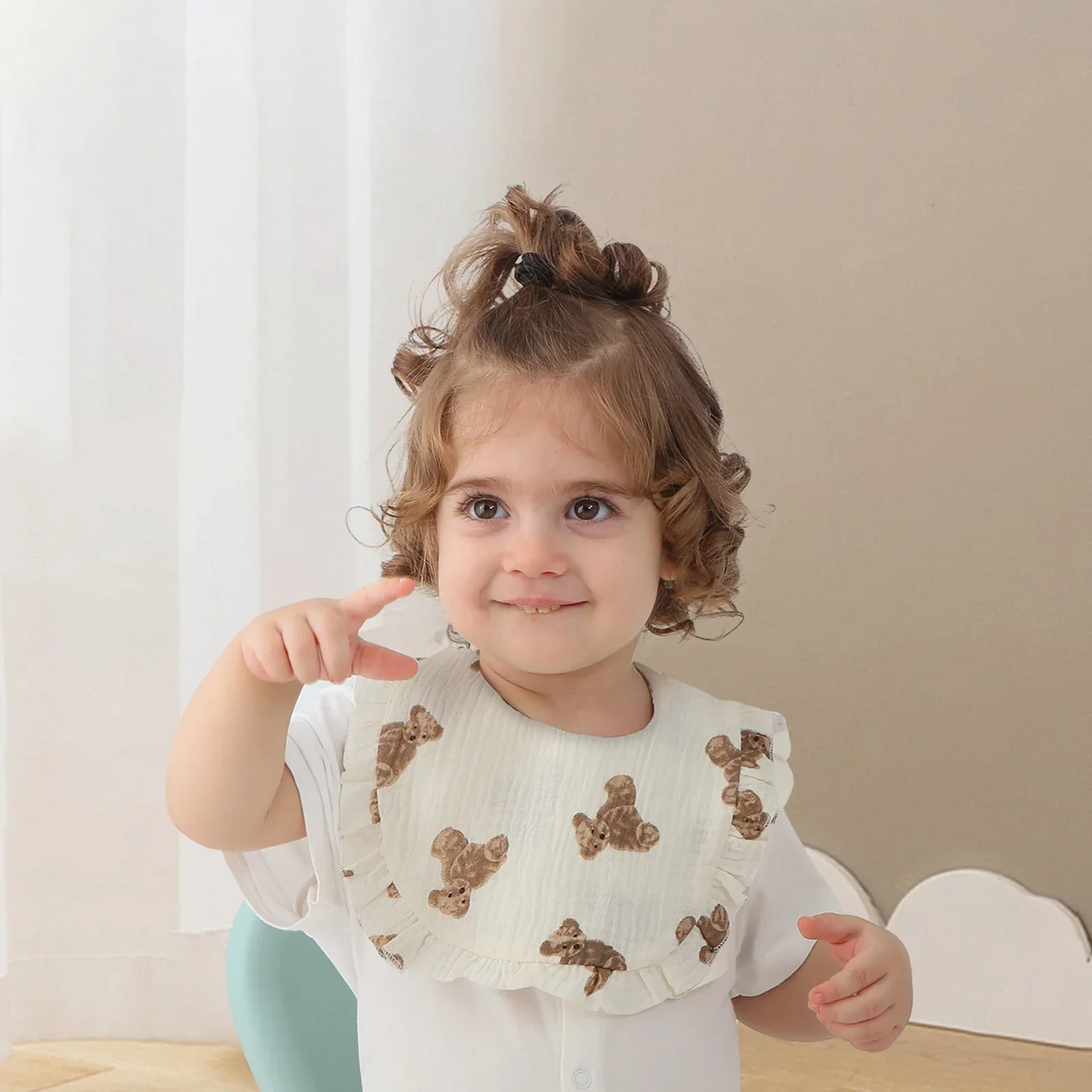 INSULAR Ruffled Edge Muslin Cotton Baby Bibs Flower Print Girls Lace Bibs With Hair Bows Headbands Feeding Saliva Burp Towel
