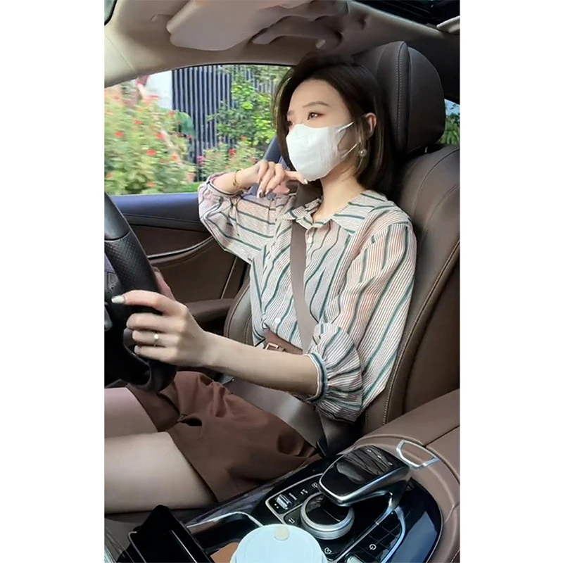 

Ele Early Autumn Long Sve Ne irt Vertical Striped Color Blo Chiffon Loose Slimming Top for Women