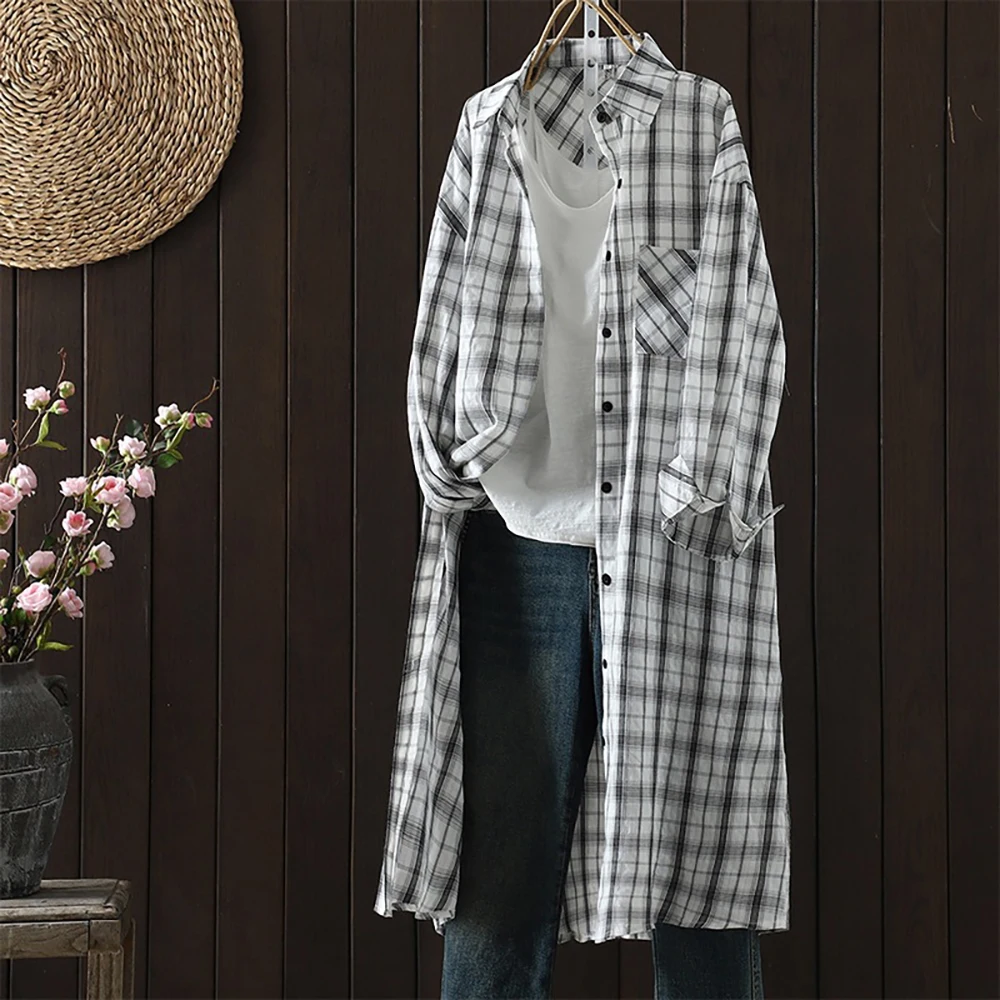 

Повседневные свободные длинные женские рубашки, новинка 2023 года, осенняя тонкая рубашка в клетку с длинным рукавом и принтом, топы, женская рубашка в британском стиле