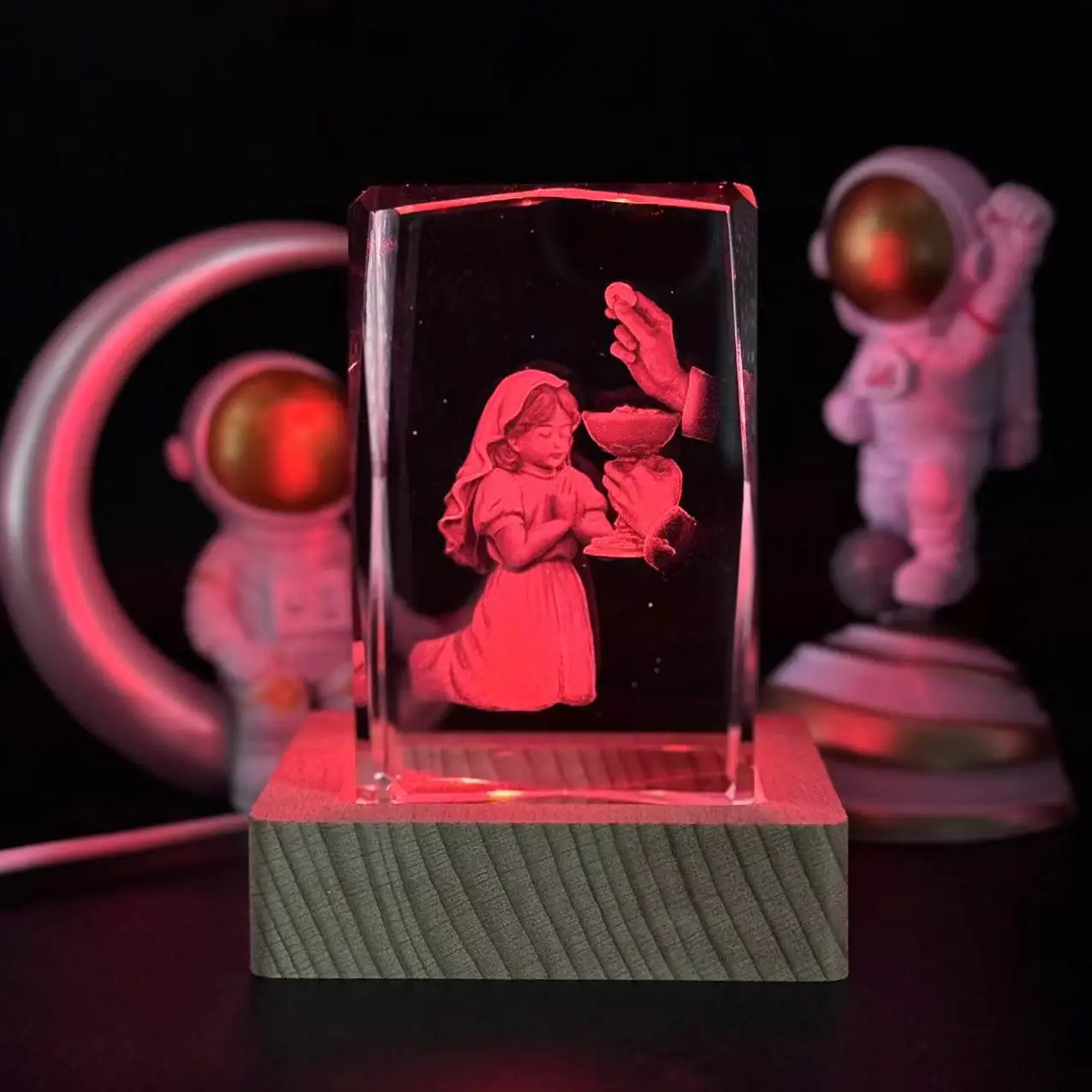 1pc,3D laser carved Crystal Communion girl square nightlight, with colored light wood lamp holder, home decoration decoration, s