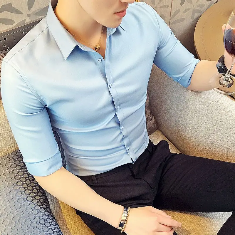 Spring Summer Korean Fashion Polo-neck Solid Color Shirt Hombre 3/4 Sleeve All-match Bottoming Cardigans Top Men Casual Blouse