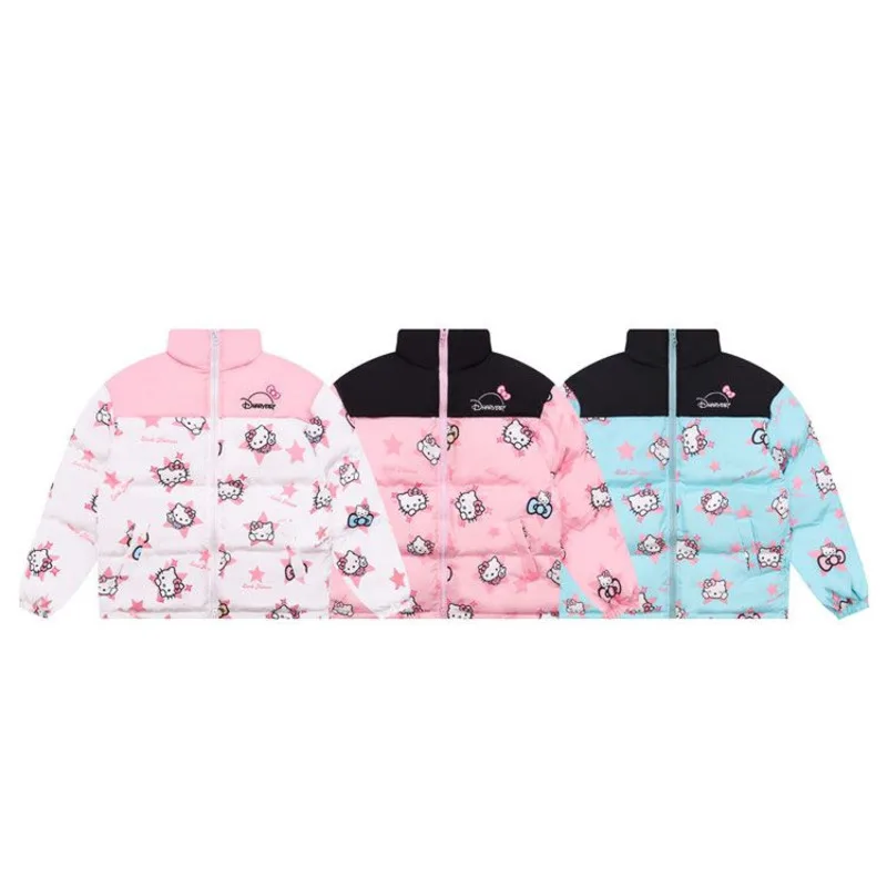 Sanrio-Parkas de algodón de Hello Kitty Y2k para mujer, chaquetas de plumón Harajuku, abrigo holgado con cremallera de retazos, chaqueta cálida