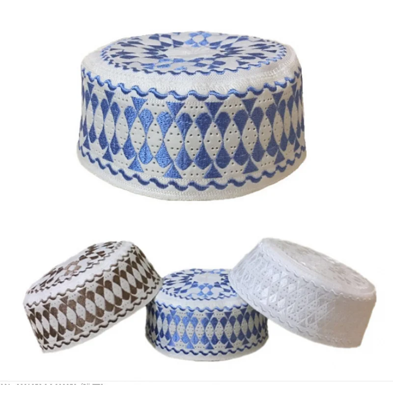 

1 PC White Blue Men's Exquisite embroidered big head Circumerence Muslim hat Man Sunday Arab Islamic prayer hats