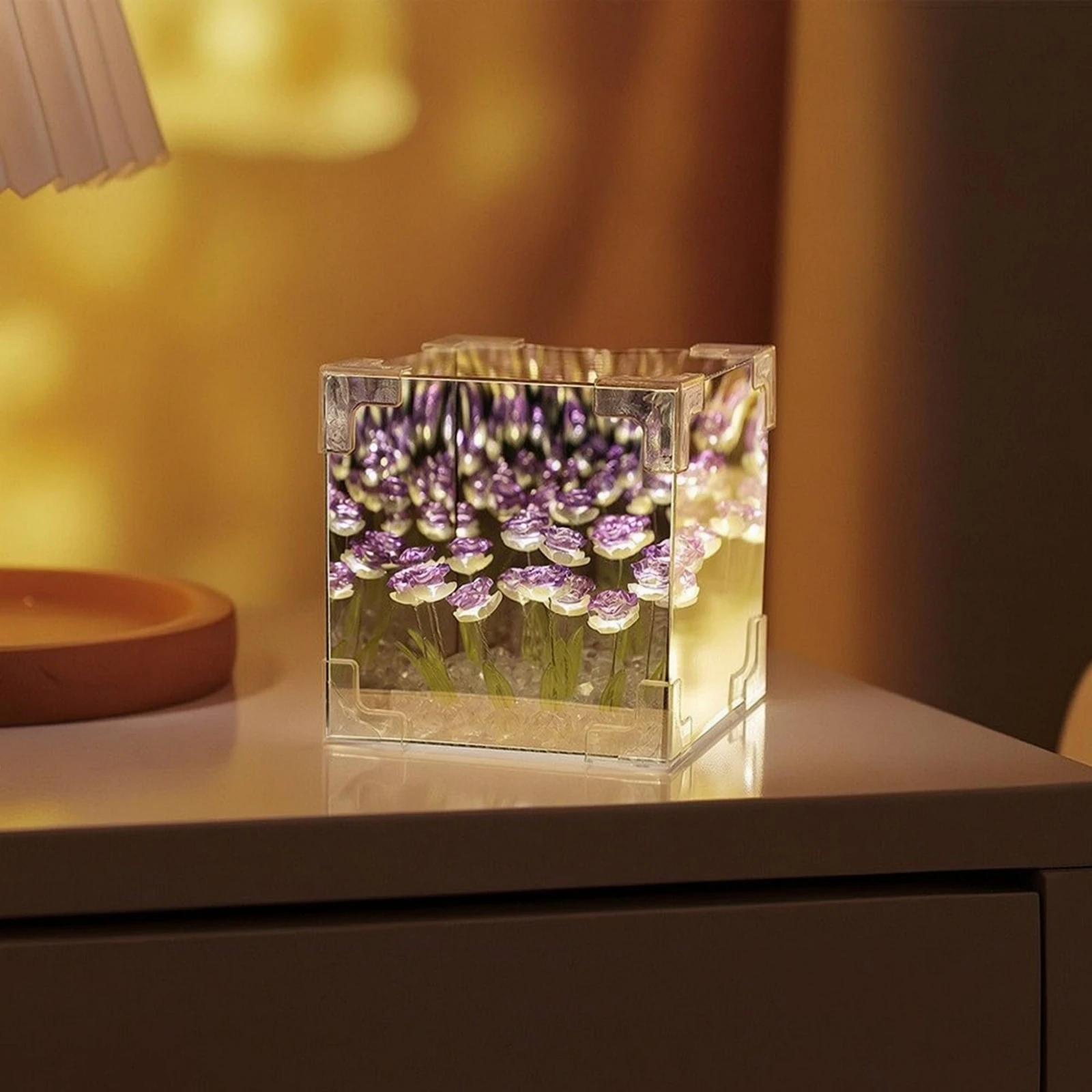 Rose Lamp with Acrylic Cube Floral Rose Night Light Flower Night Light Transparent Flower Lamp Decorative for Bedroom, Desk view 3