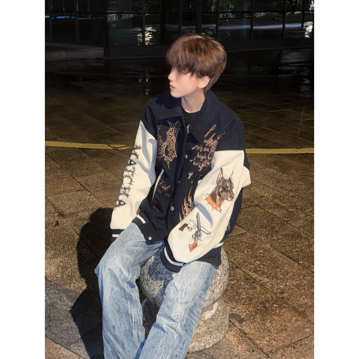 

American Retro Patchwork Embroidered Baseball Jaet Men's Autumn Winter New Trendy Design Versatile Couple's Jaet