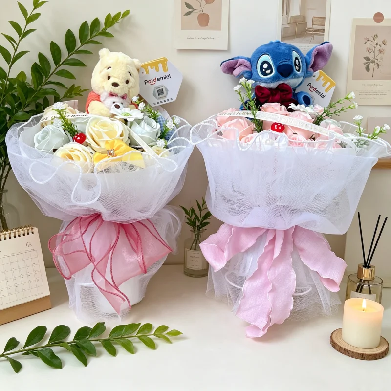 Genuine Stitch Micky Mouse Winnie Plush Dolls With Artificial Creative Flowers Bouquet Valentine Christmas Graduation Gifts