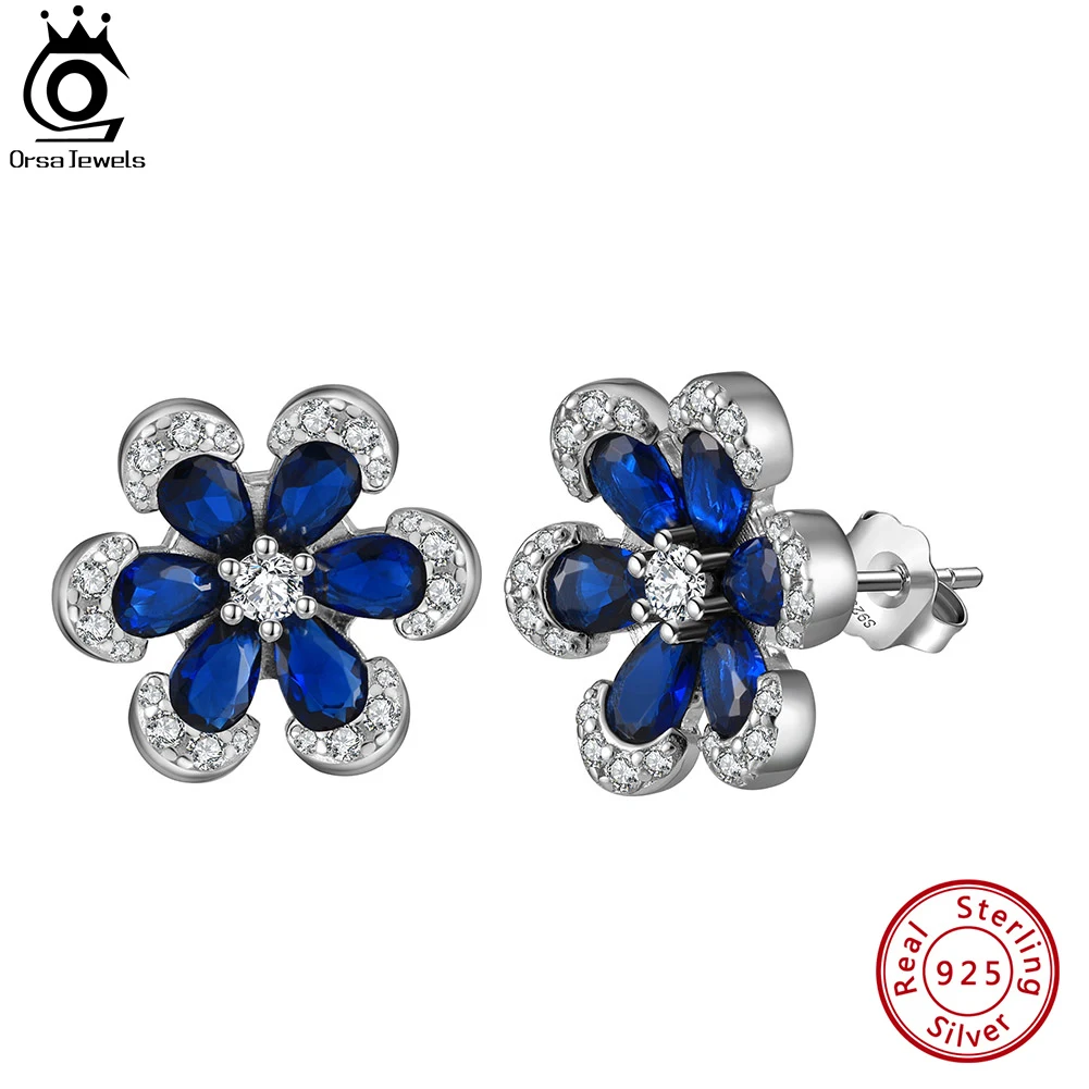 

ORSA JEWELS 925 Sterling Silver Created Sapphire Flower Stud Earrings for Women Shniy 5A Zircon Earrings Wedding Jewelry LZE21