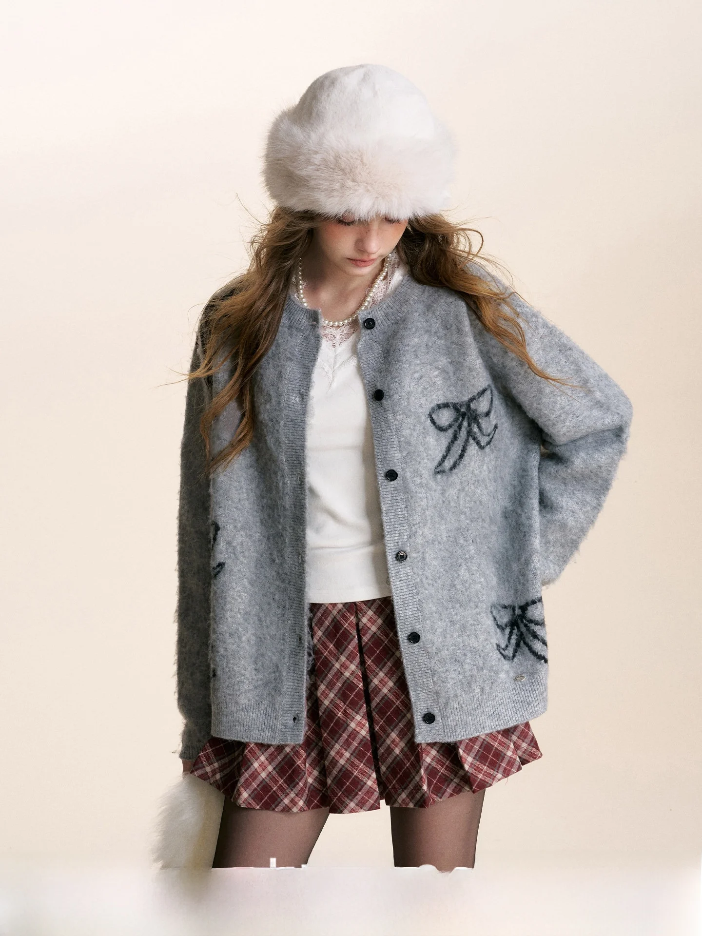 

Kroche Cloud Soft Fce Wool Blend Open Cardigan Loose Knitwear Knot Pulling Brued Women's French Sle Sweater