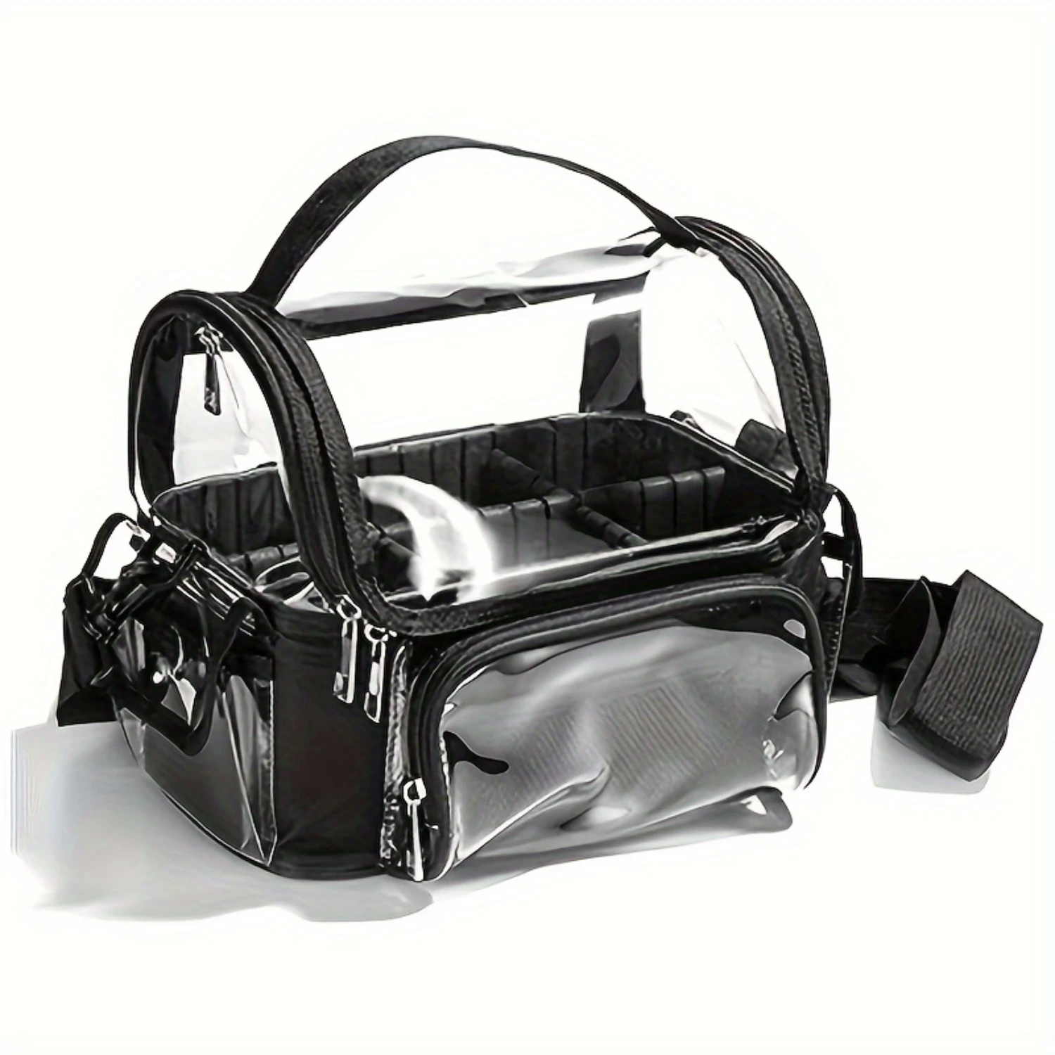 Clear PVC Makeup Bag with Adjustable Shoulder Strap, Transparent Cosmetic Brush Holder, Multifunctional Organizer