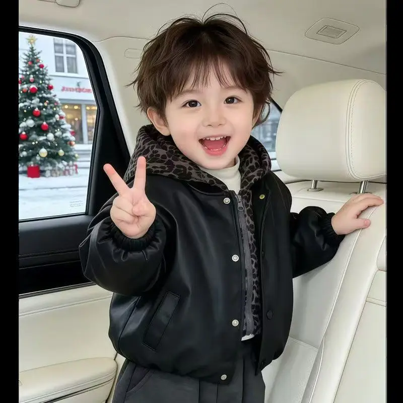 

Children's Velvet Cotton Jacket Winter New Style Boys' Vacation Two Piece Leopard Leather Jacket Thickened Winter Clothing