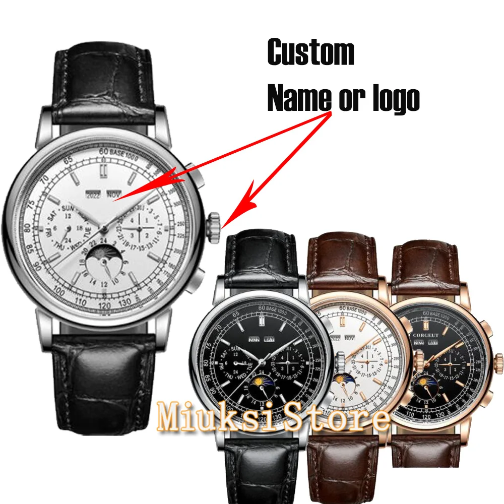 42mm Watch Custom LOGO Mens Watch Mechanical White Dial 316L Case Moon Phase Calendar WatcMultifunction Leather Strap Automatic