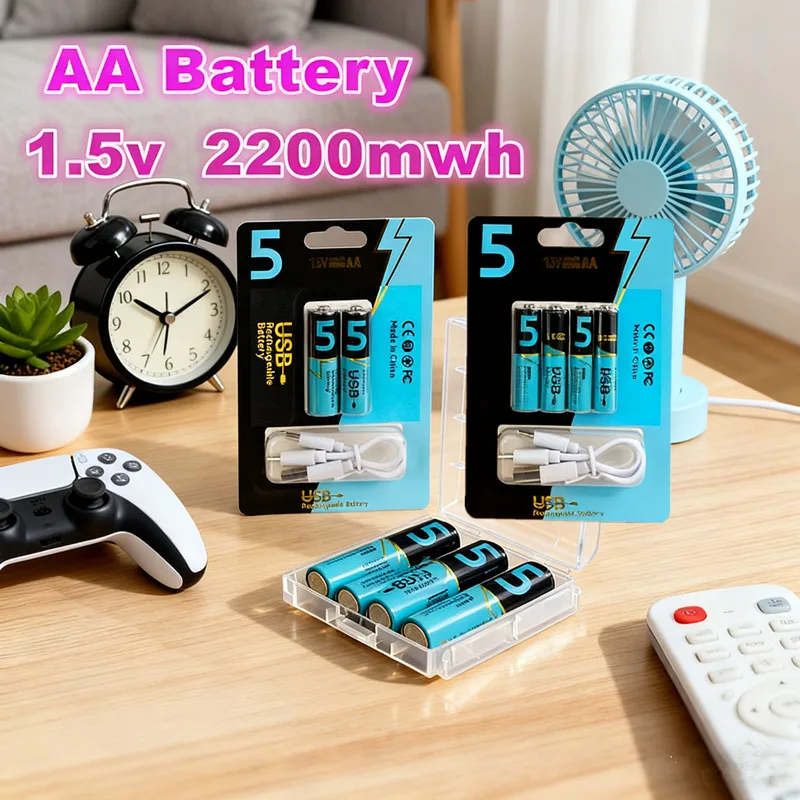 1.5V AA 2200mWh Li-ion Batteries For Mouse Clock Shaver Hermometer and TYPE-C Cable USB Rechargeable battery Card Hanging