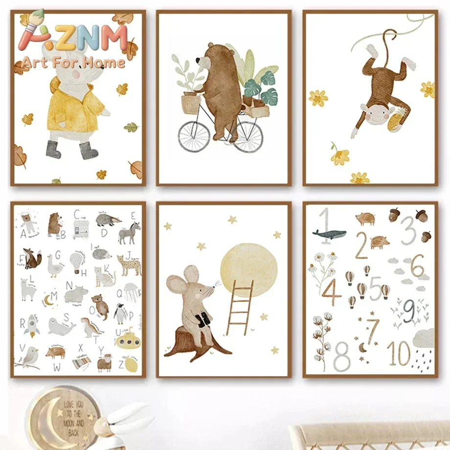 Multi-size 1PC frameless high-definition decorative paintings,Boho Animals Poster Nursery Alphabet Prints Rabbit Bear Mouse Monk